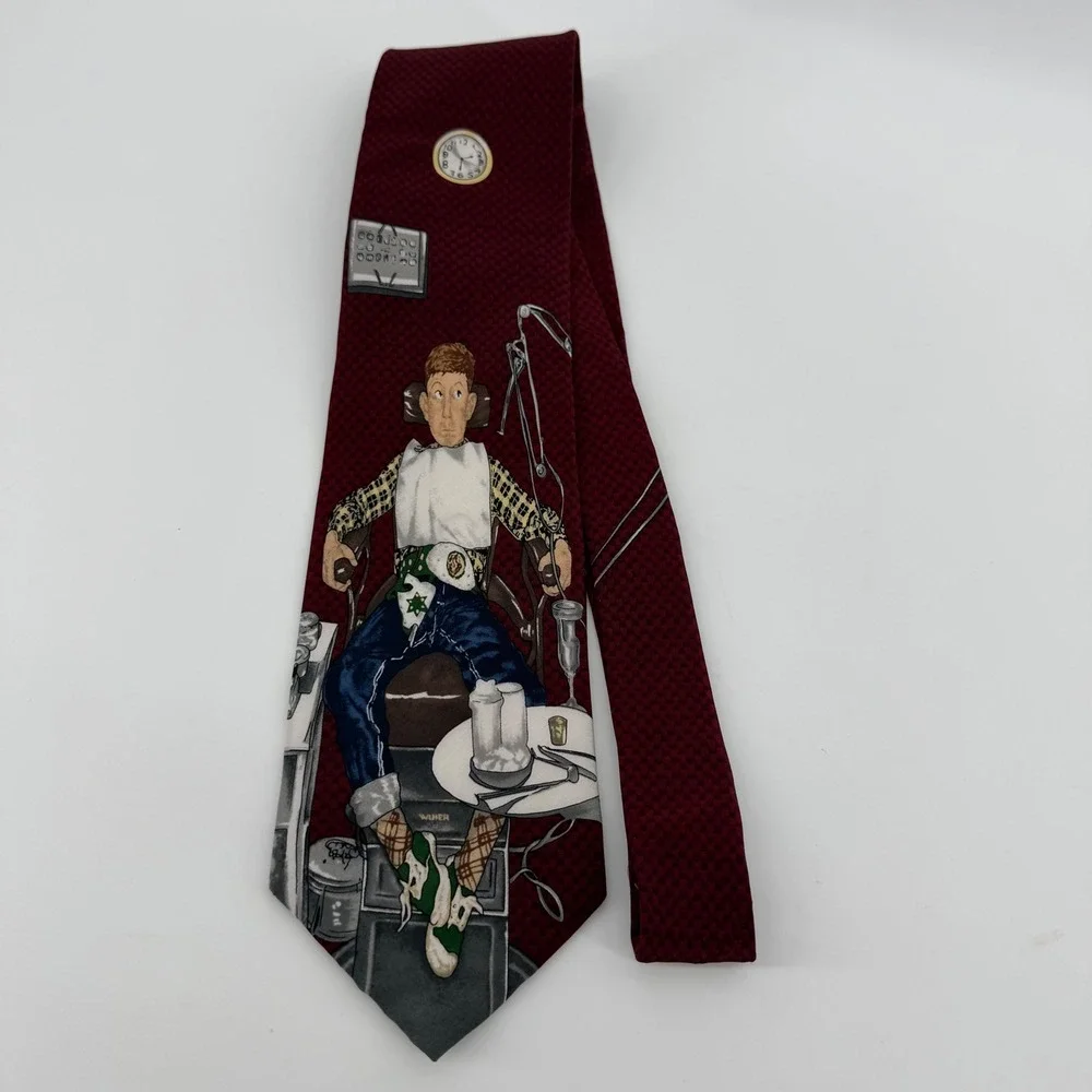 Saturday Evening Post Tie Mens OS Red Norman Rockwell Dentist Silk Graphic 1997